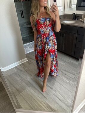 Auguste The Label Red Floral Off-Shoulder Maxi Dress with Blue & Cream Accents